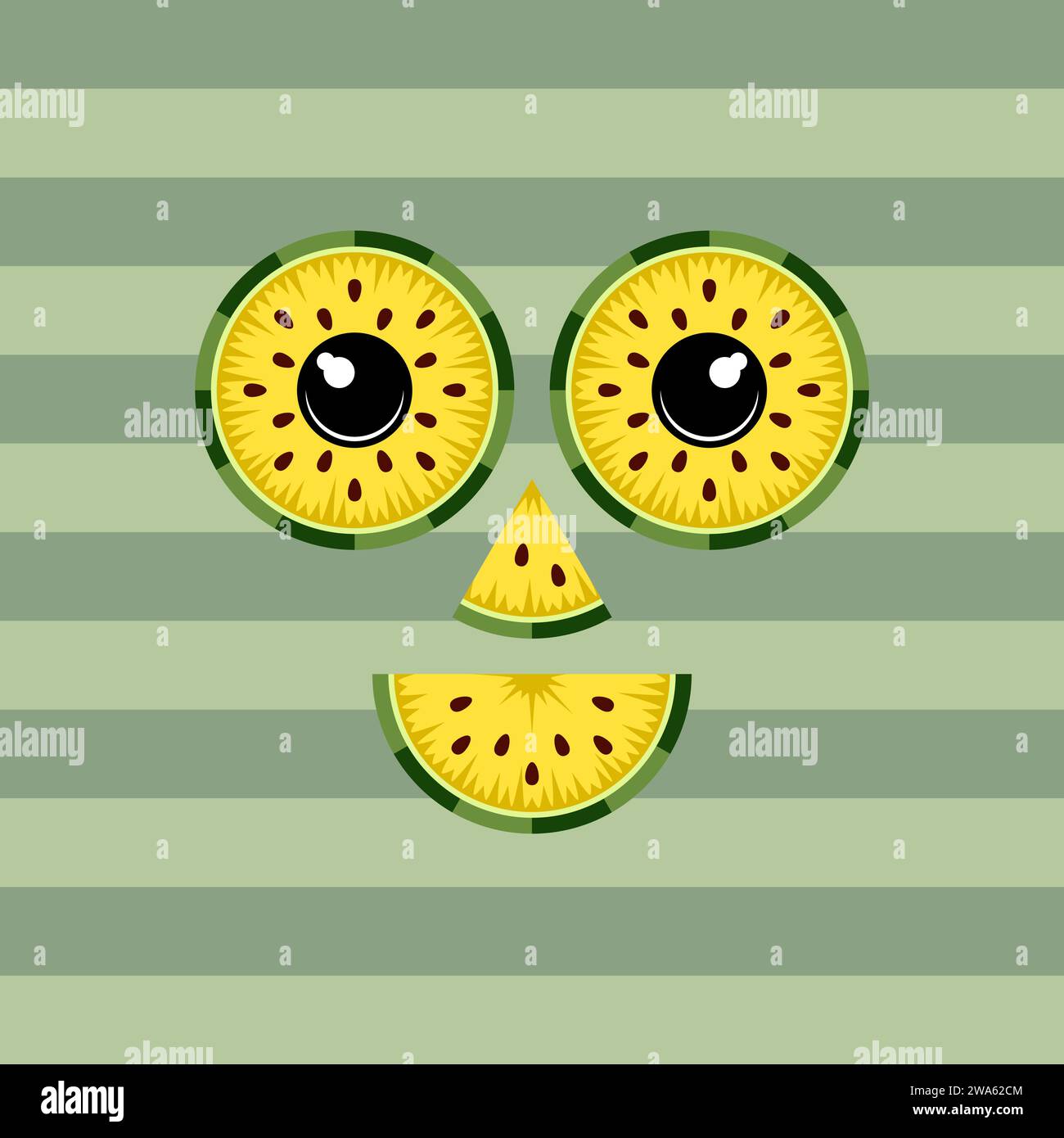Faccia allegra e sorridente a base di fette di succosa anguria gialla. Oggetto vettoriale isolato. Illustrazione Vettoriale