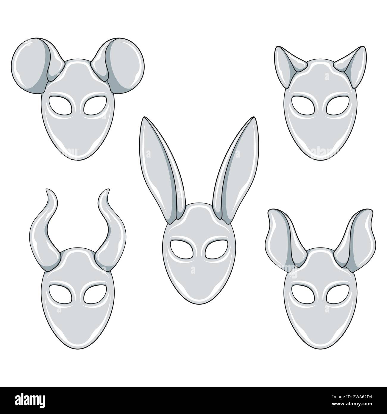Set di illustrazioni a colori con maschere d'argento coniglio, gatto, topo, orecchie di corna. Oggetti vettoriali isolati su sfondo bianco. Illustrazione Vettoriale