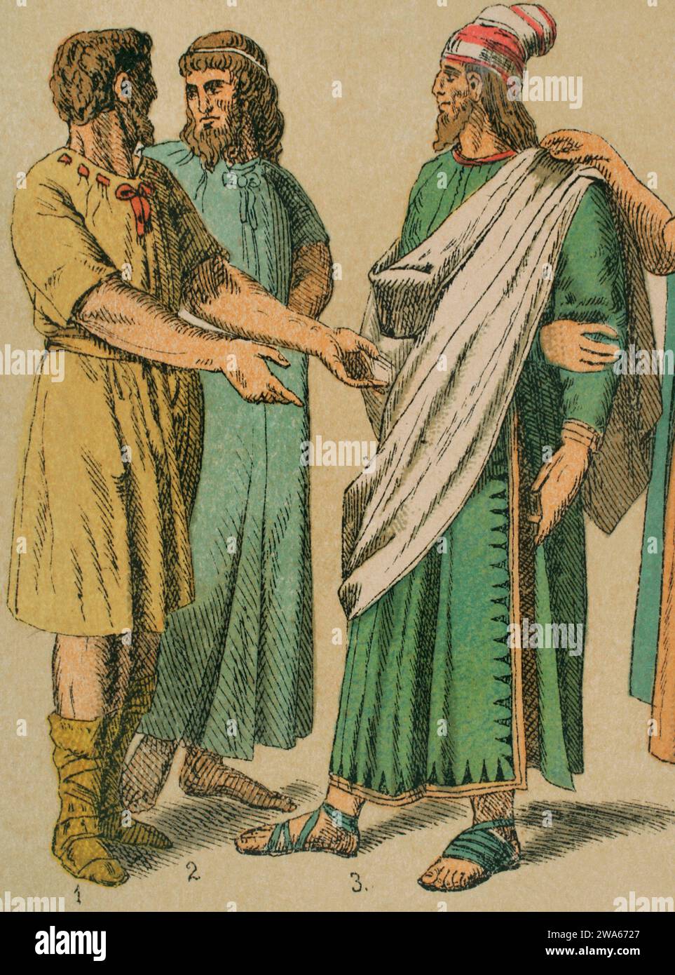 Ebrei. Da sinistra a destra, 1-2: Camicie da uomo, 3: Cappotto per sostituire il mantello. Chromolithography. 'Historia Universal' (Storia universale), di Cesar Cantu. Volume i, 1881. Foto Stock