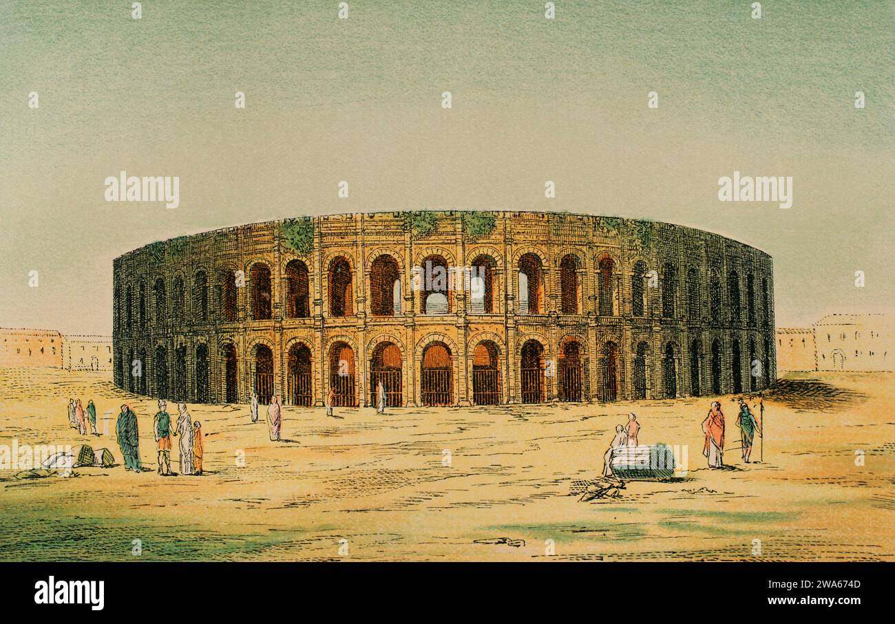 Nimes, Francia. Anfiteatro romano. Cromolitografia. ''Historia Universal'', di Cesar canto. Volume II, 1881. Foto Stock