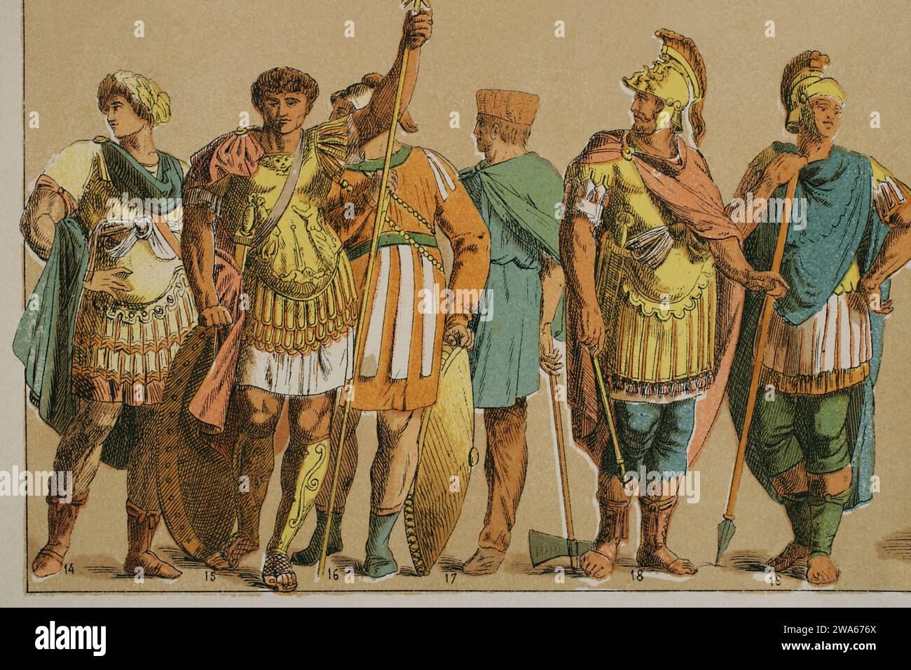 Impero Romano d'Oriente. Bizantini (400-600). Da sinistra a destra: 14 e 15 - abbigliamento generale, 16 guerrieri, 17 lavoratori (ufficiale), 18 - abbigliamento generale, 19 - guerriero. Cromolitografia. "Historia Universal", di Cesar canto. Volume III, 1882. Foto Stock