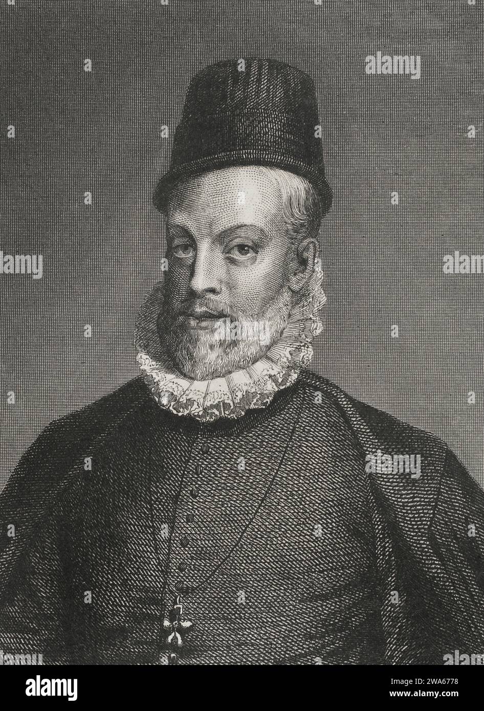 Filippo II (1527-1598). Re di Spagna (1556-1598). Ritratto. Incisione di Geoffroy. ''Historia Universal'', di Cesar canto. Volume V. 1856. Foto Stock