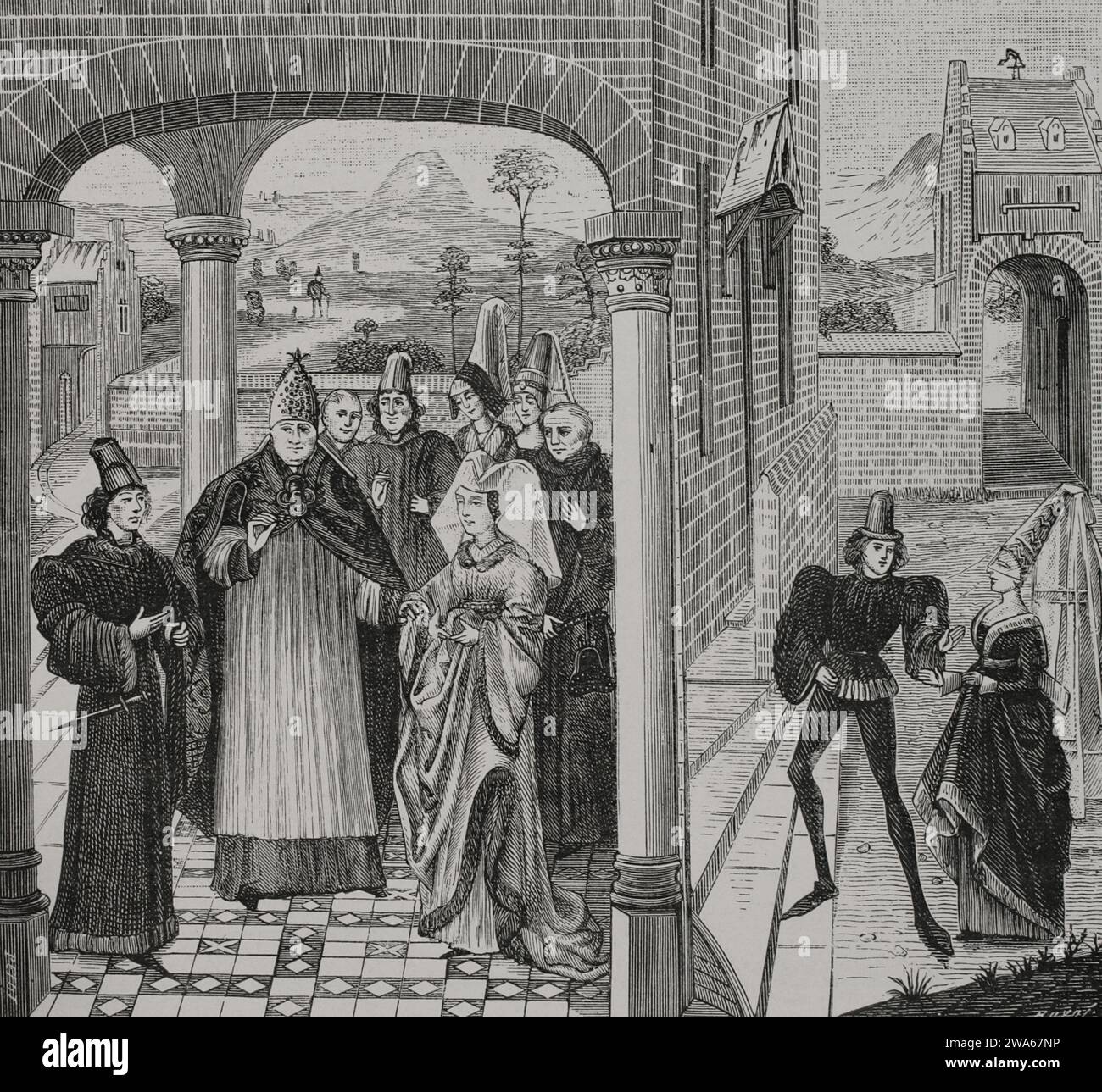 Trattato di Arras. Concluso nell'ottobre 1191 con l'interposizione di Guglielmo di Champagne (Guillaume de Champagne), arcivescovo di Reims; tra Baldovino V, conte di Hainaut, e Matilde del Portogallo (1151-1218), vedova di Filippo d'Alsazia, conte delle Fiandre. Si accordarono sull'eredità della contea delle Fiandre. Incisione di Huyot dopo una miniatura in "Chroniques de Hainaut", 1446-1448. "Vie Militaire et Religieuse au Moyen Age et a l'Epoque de la Renaissance". Parigi, 1877. Foto Stock