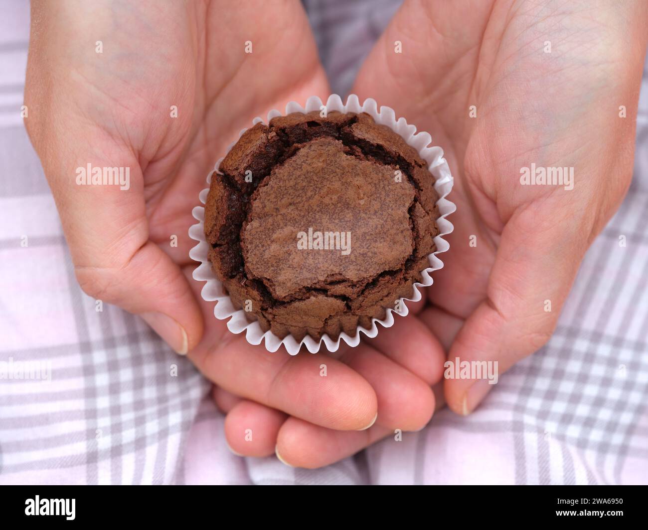 Una donna che tiene in mano un brownie al cioccolato senza glutine. Primo piano. Foto Stock