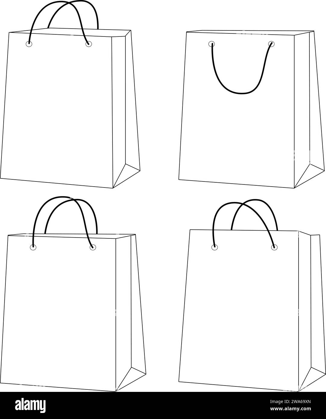 Borse della spesa. Sacchetti di carta per prodotti. Borse da supermercato. Pagina vettoriale di colorazione in bianco e nero. Illustrazione Vettoriale