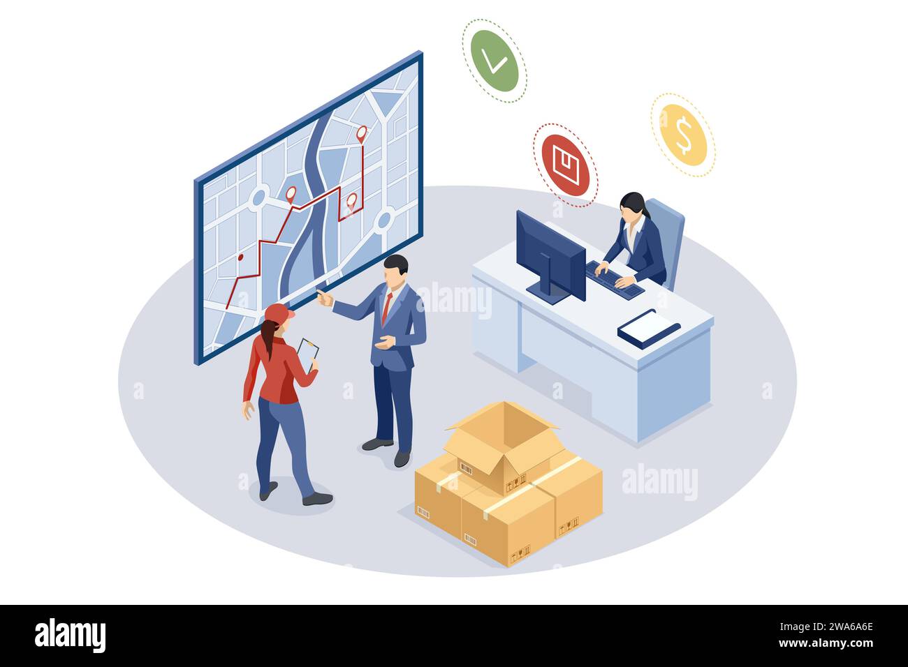 Logistica e consegna isometrica. Consegna gratuita, Express, a domicilio o veloce. Società di consegna. Consegna a casa e in ufficio. Logistica urbana. Illustrazione Vettoriale