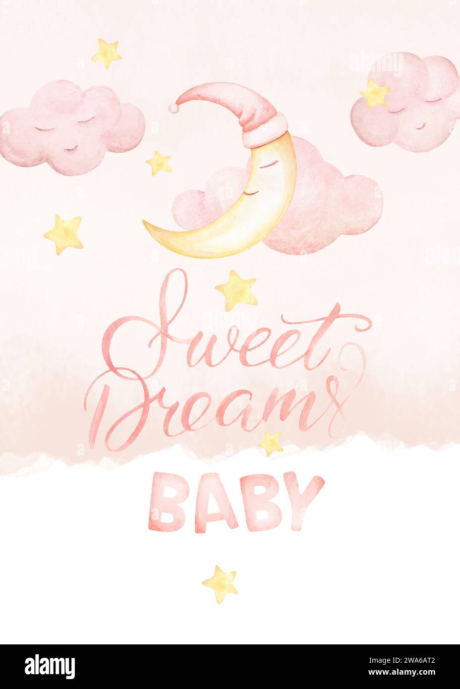 Scritta Sweet Dreams Baby. Illustrazioni di Watercolor Night Sky Moon. Poster baby Girl Nursery. Vivaio a tema Sky, colori rosa delicati Foto Stock