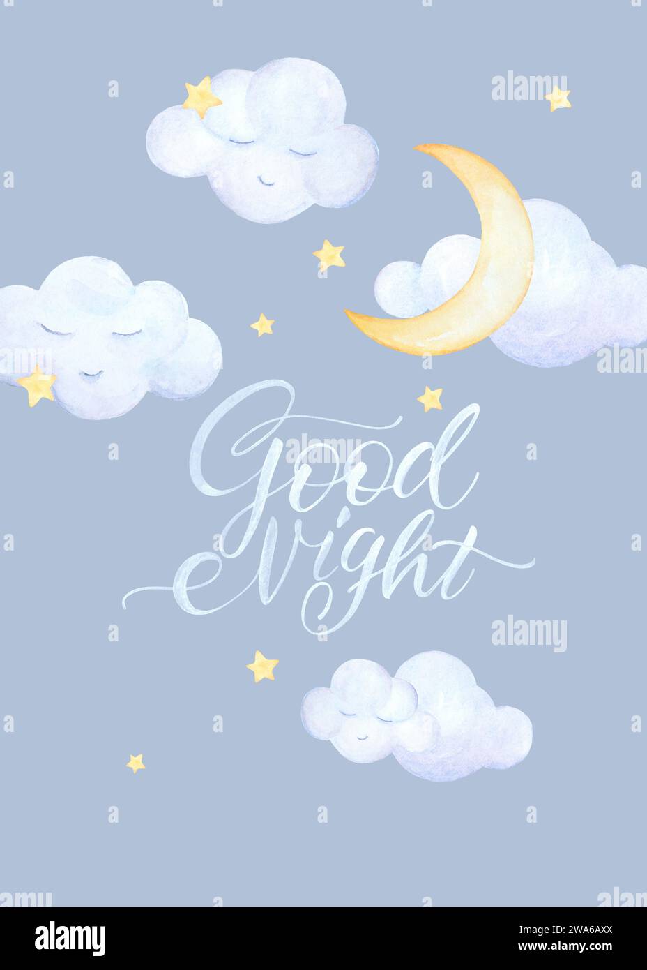Poster "Goodnight Baby Letter". Illustrazioni di Watercolor Night Sky Moon. Arredamento nuvola. Vivaio a tema Sky, Clip Art con acquerello disegnato a mano Foto Stock