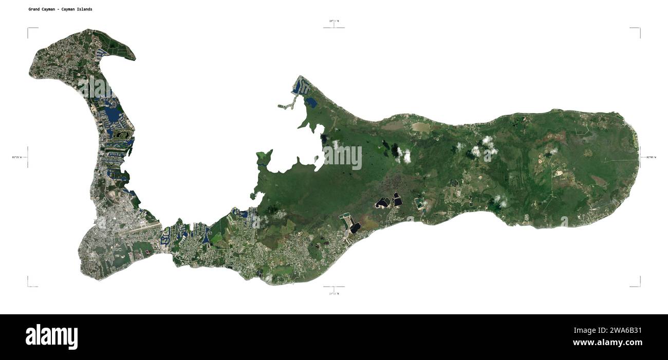 Forma di una mappa satellitare a bassa risoluzione delle isole Grand Cayman - Cayman, con scala di distanza e coordinate di confine della mappa, isolate su bianco Foto Stock