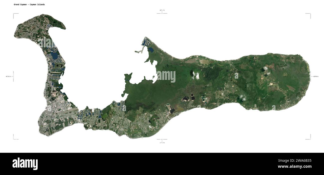 Forma di una mappa satellitare ad alta risoluzione delle isole Grand Cayman - Cayman, con scala di distanza e coordinate di confine della mappa, isolate su bianco Foto Stock