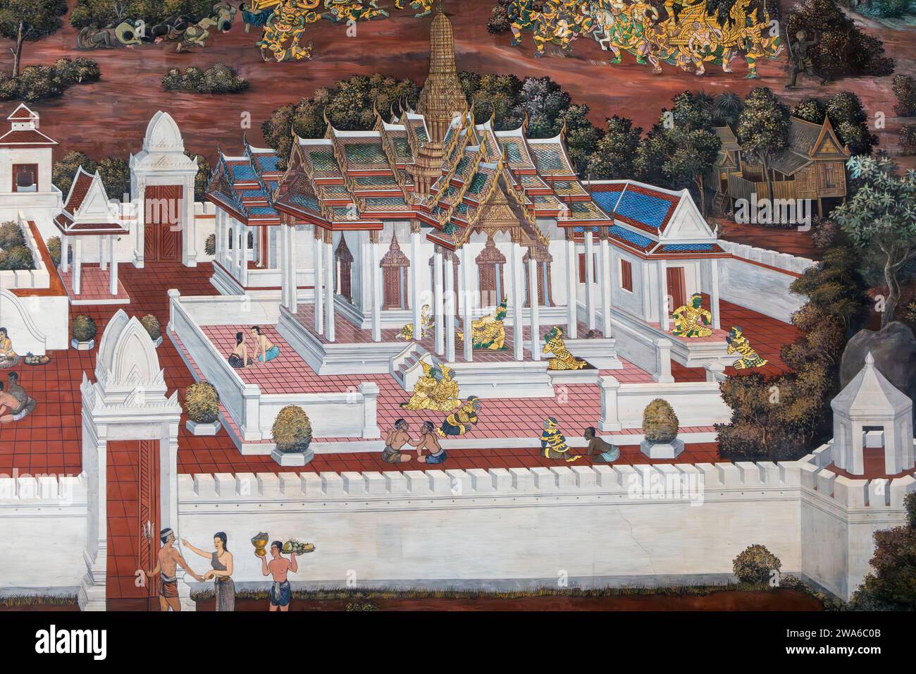 Illustrazioni murali storiche nel Khan Kuenphet Fort Grand Palace, Bangkok, Thailandia. Foto Stock