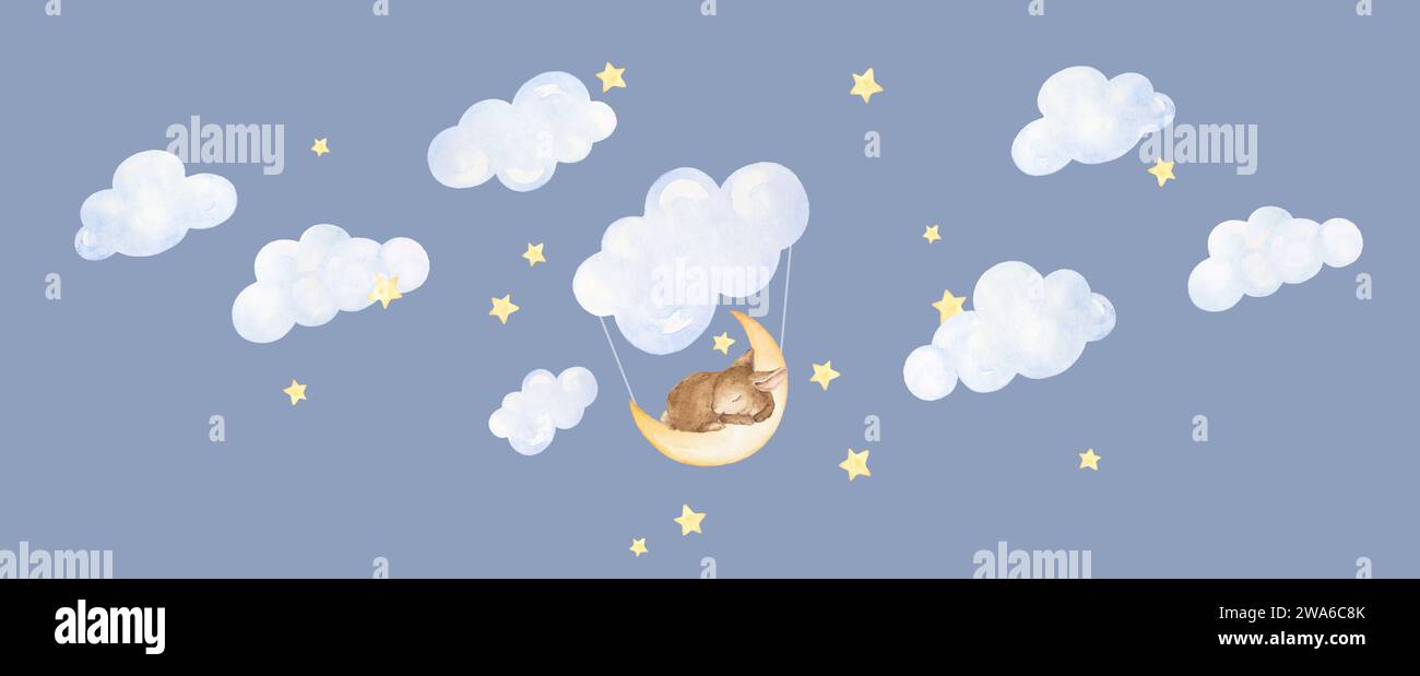 Sleeping Bunny Cloud Clipart. Sky Nursery Art, arredamento Cloud Nursery. Nursery Wall Art, stampe per animali da bambino. Acquerello Foto Stock