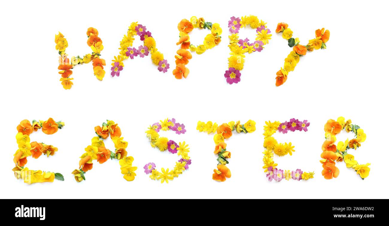 Testo BUONA PASQUA fatta di fiori gialli e rosa. le lettere floreali possono essere utilizzate come poster, cartoline, voucher, coupon, regalo, invito di celebrazione h Foto Stock