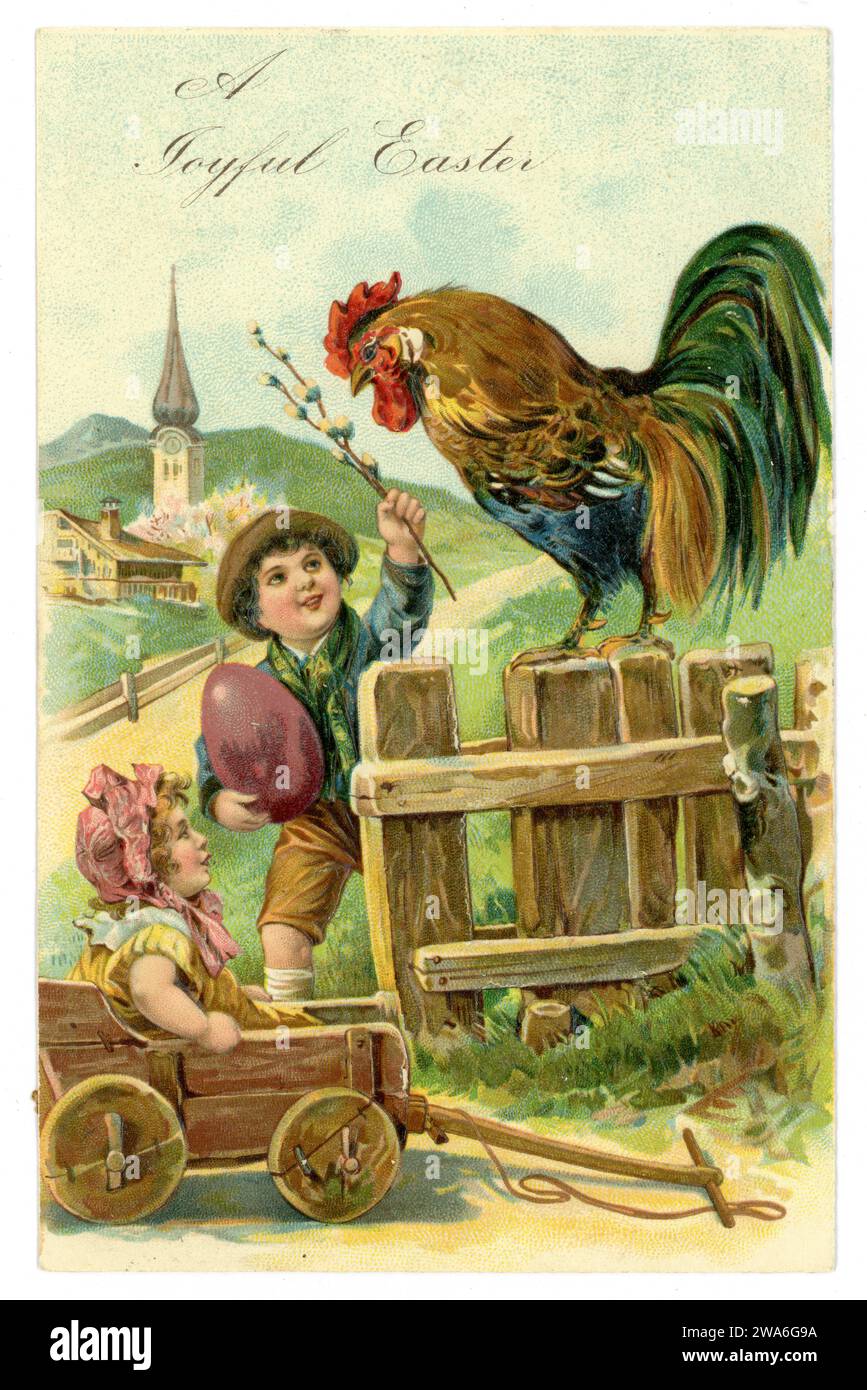 Cartolina di auguri di Pasqua originale dell'epoca edoardiana, Wishing a Perfect Easter, boy with cockerel, Posted 28 marzo 1907. REGNO UNITO Foto Stock