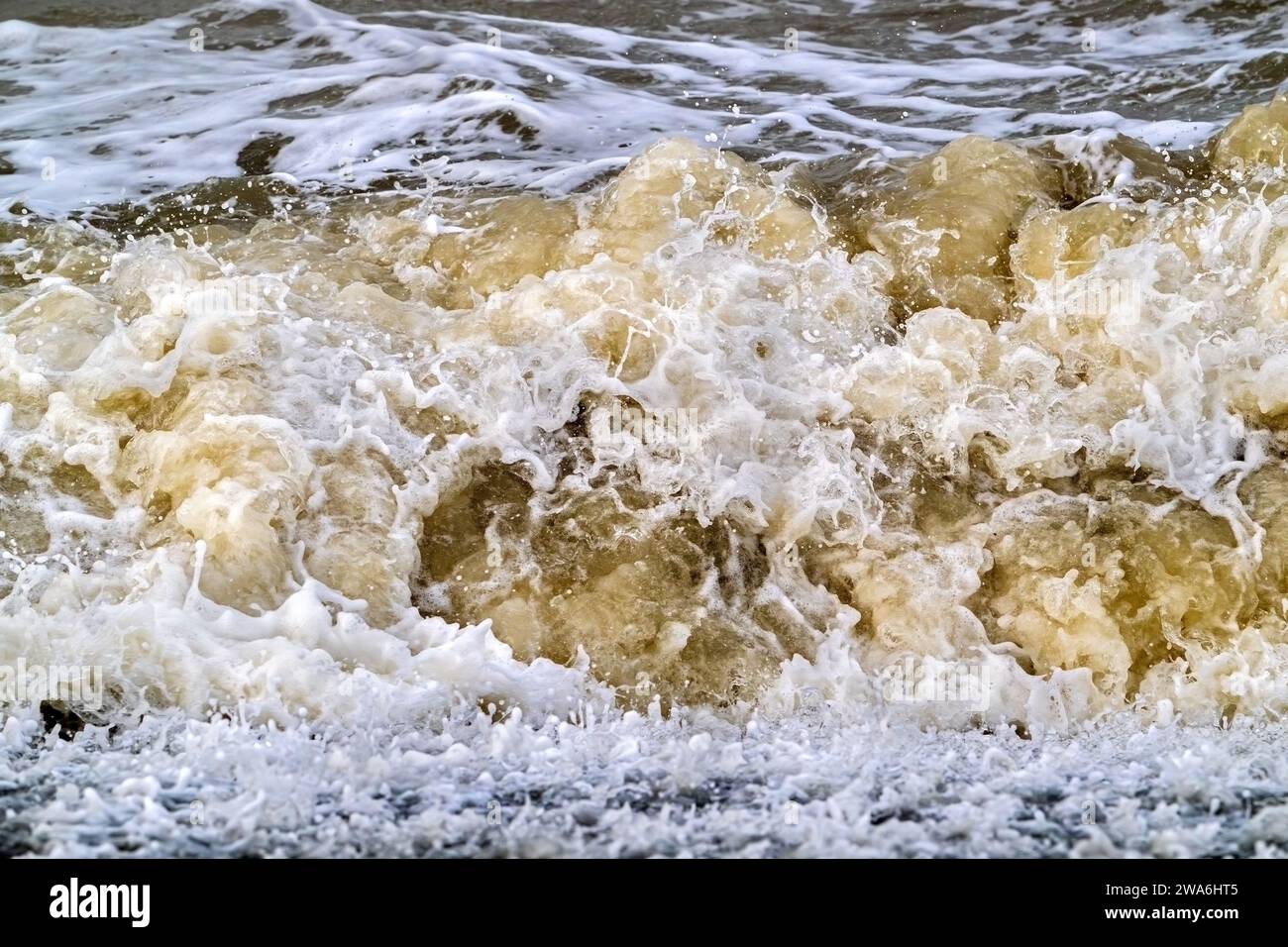 Onde che si infrangono/rotolano su una spiaggia sabbiosa che mostra acque marroni e torbide con sabbia durante la tempesta invernale lungo la costa del Mare del Nord in Zelanda, Paesi Bassi Foto Stock