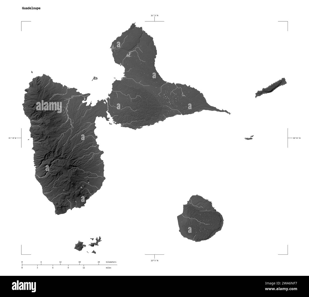 Forma di una mappa di elevazione in scala di grigi con laghi e fiumi della Guadalupa, con scala di distanza e coordinate di confine della mappa, isolati su bianco Foto Stock