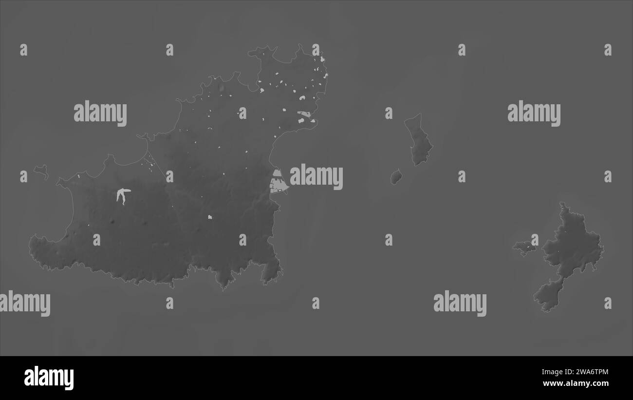 Guernsey è stata evidenziata su una mappa di elevazione in scala di grigi con laghi e fiumi Foto Stock