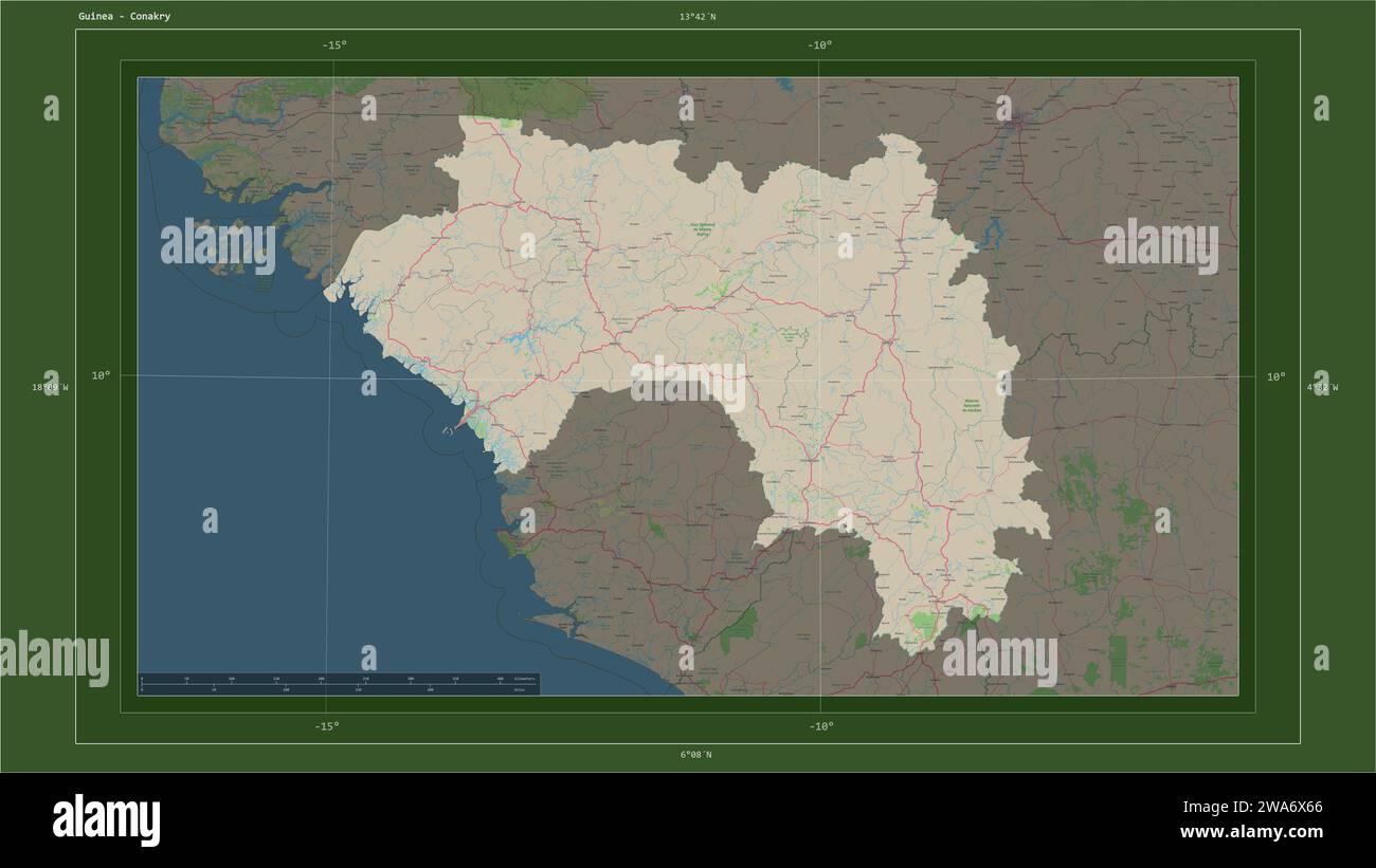 La Guinea è evidenziata su una mappa topografica in stile OSM Germania con la capitale del paese, la griglia cartografica, la scala della distanza e il confine della mappa Foto Stock