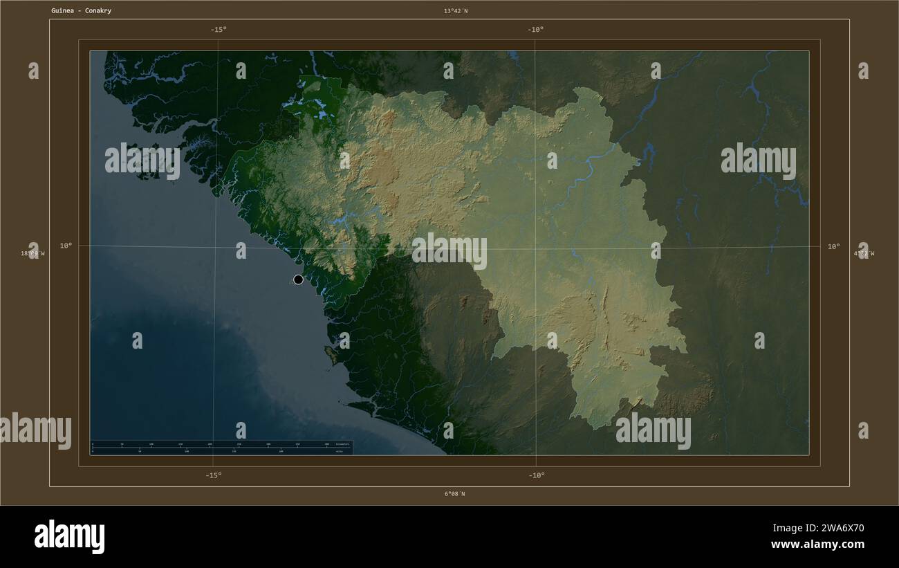 La Guinea è evidenziata su una mappa colorata con laghi e fiumi con la capitale del paese, la griglia cartografica, la scala di distanza e la mappa bo Foto Stock