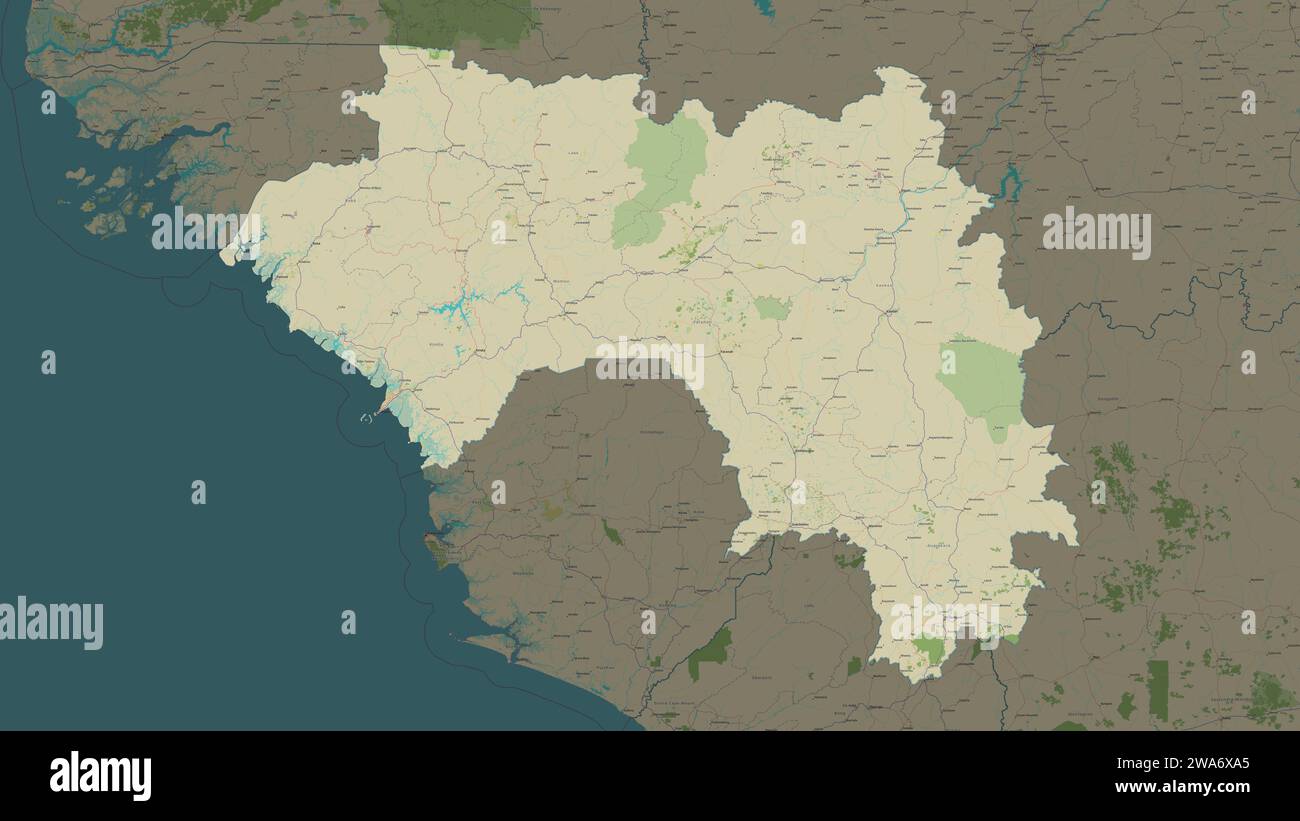 Guinea evidenziata su una mappa topografica in stile umanitario OSM Foto Stock
