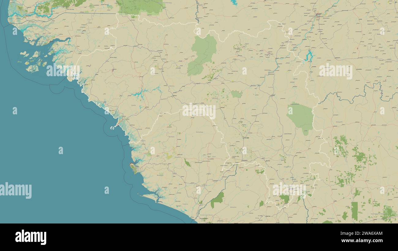 La Guinea delineata su una mappa topografica in stile umanitario OSM Foto Stock