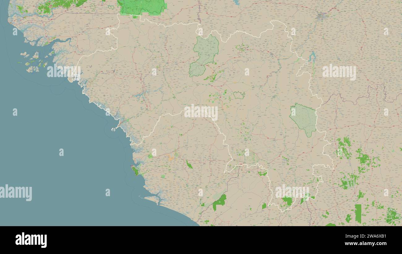 La Guinea è delineata su una mappa topografica in stile OSM France Foto Stock