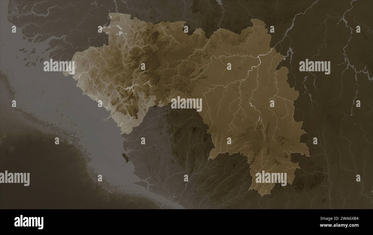 La Guinea è evidenziata su una mappa di elevazione colorata in tonalità seppia con laghi e fiumi Foto Stock