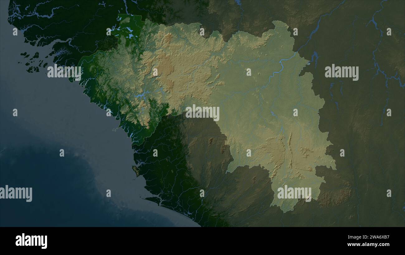 La Guinea è evidenziata su una mappa colorata con laghi e fiumi Foto Stock