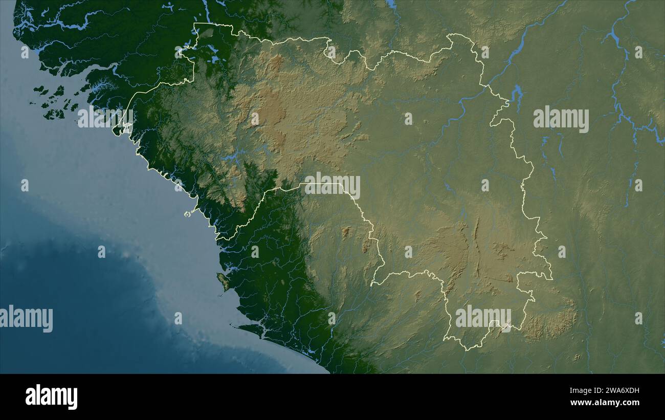 La Guinea è delineata su una mappa colorata con laghi e fiumi Foto Stock