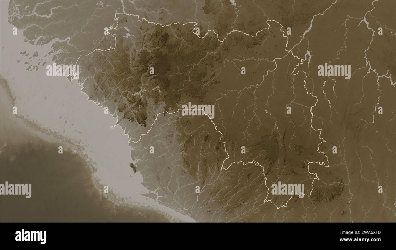 La Guinea delineata su una mappa di elevazione colorata in tonalità seppia con laghi e fiumi Foto Stock
