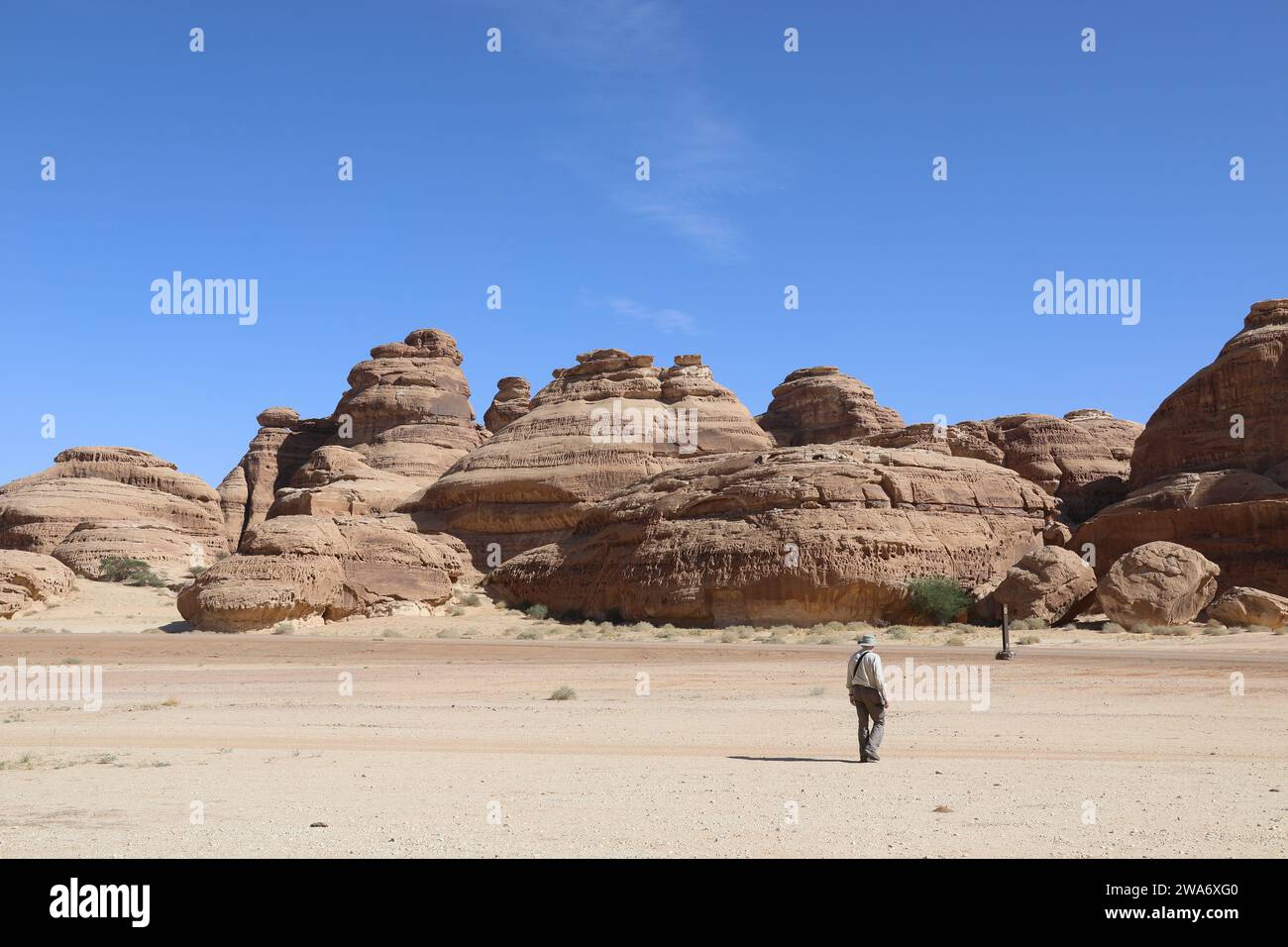 Geologo che esplora le formazioni rocciose nel deserto arabo Foto Stock
