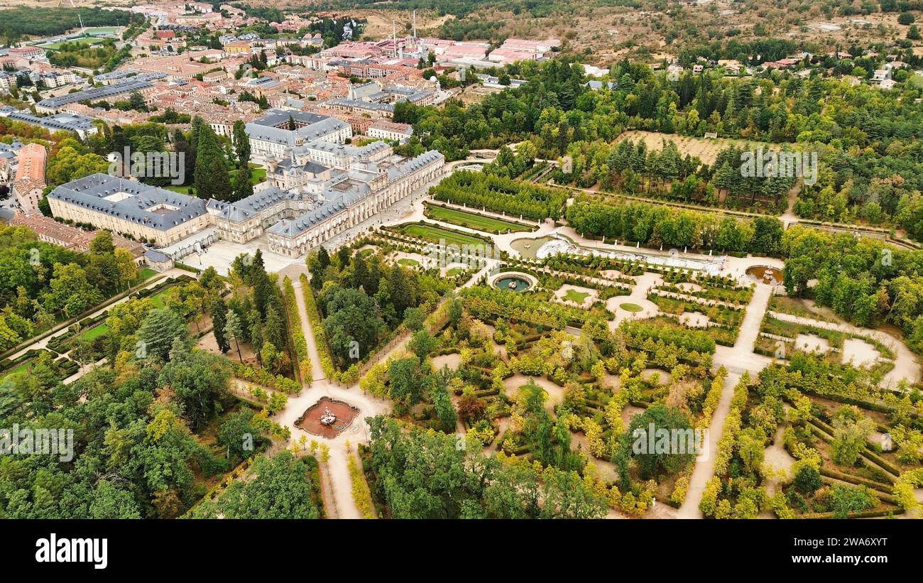 Foto drone Palazzo reale di la Granja de San Ildefonso, Palacio Real de la Granja de San Ildefonso Segovia Spagna Europa Foto Stock