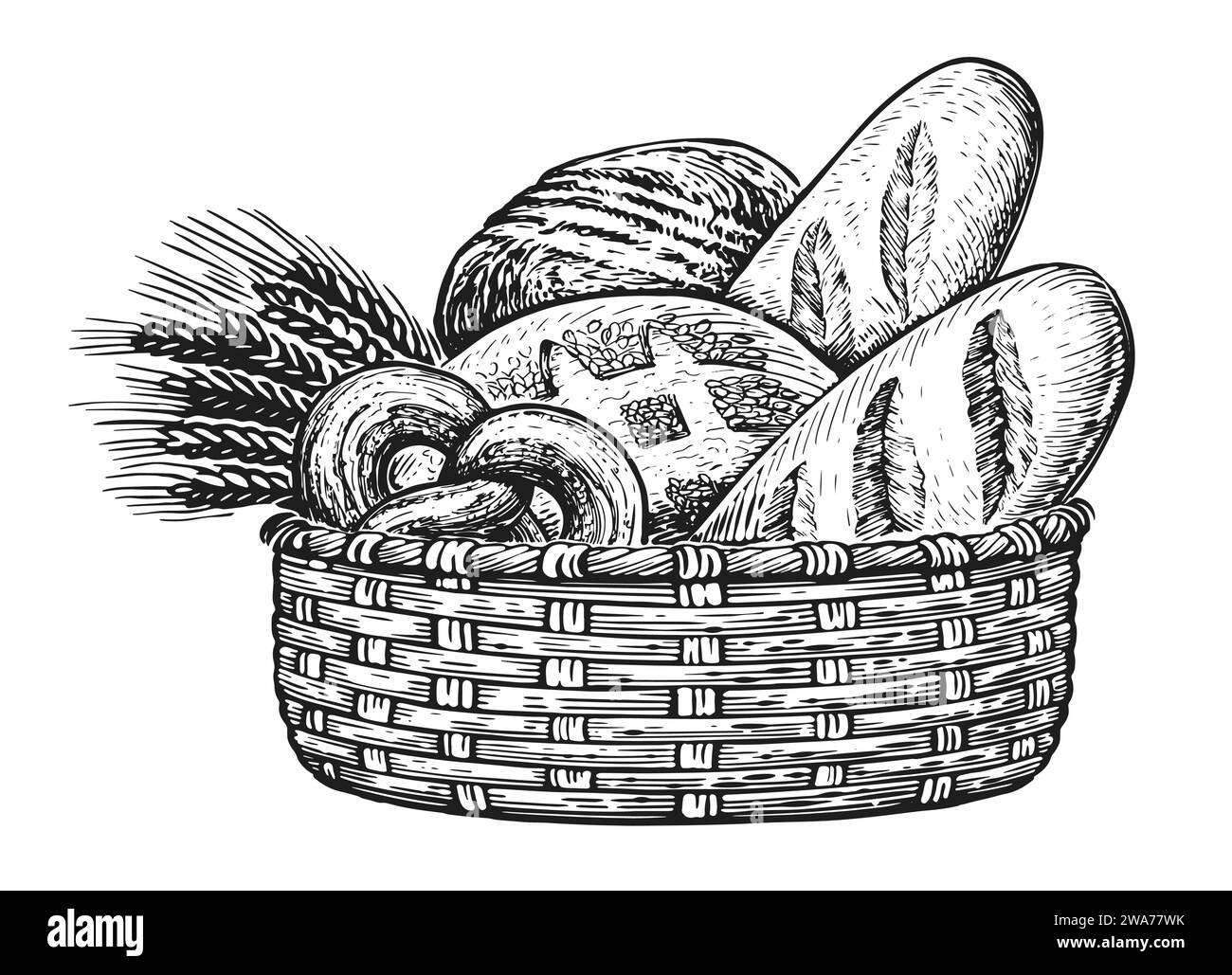 Prodotti da forno freschi nel cestino. Illustrazione vintage di pane e orecchie di grano Illustrazione Vettoriale