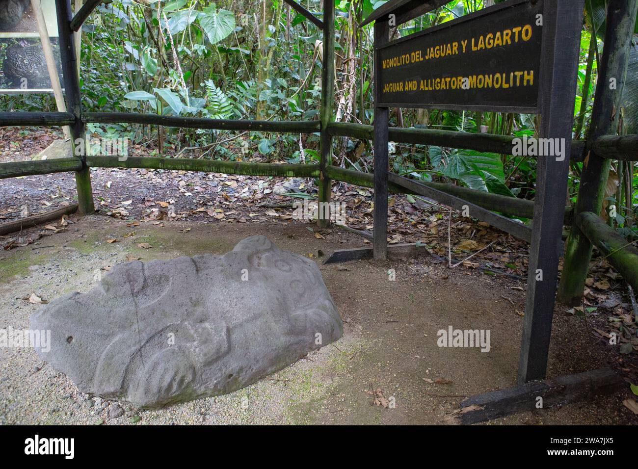 Monolito con giaguaro/lucertola petroglifico, monumento nazionale di Guayabo, Turrialba, Costa Rica. Foto Stock