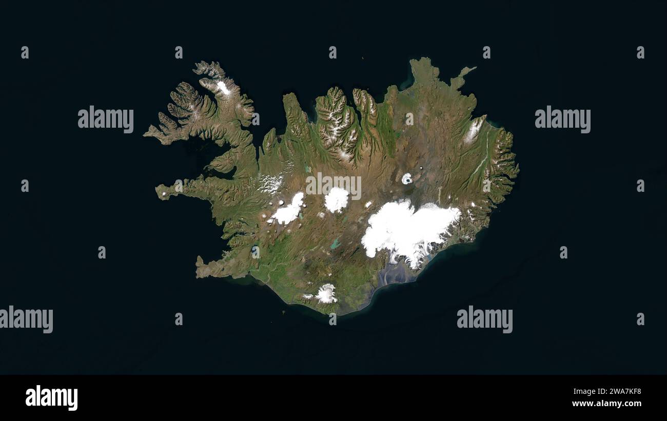 Islanda evidenziata su una mappa satellitare a bassa risoluzione Foto Stock