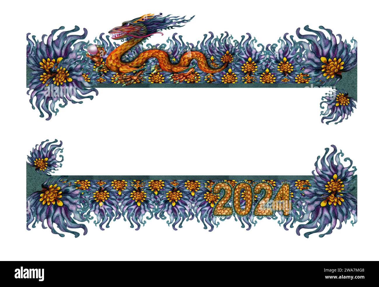 Bordi di acquerello con drago di legno verde con perla magica e numeri 2024 disegnati a mano con trama in scala di drago. Illustrazione del simbolo del Capodanno lunare Foto Stock