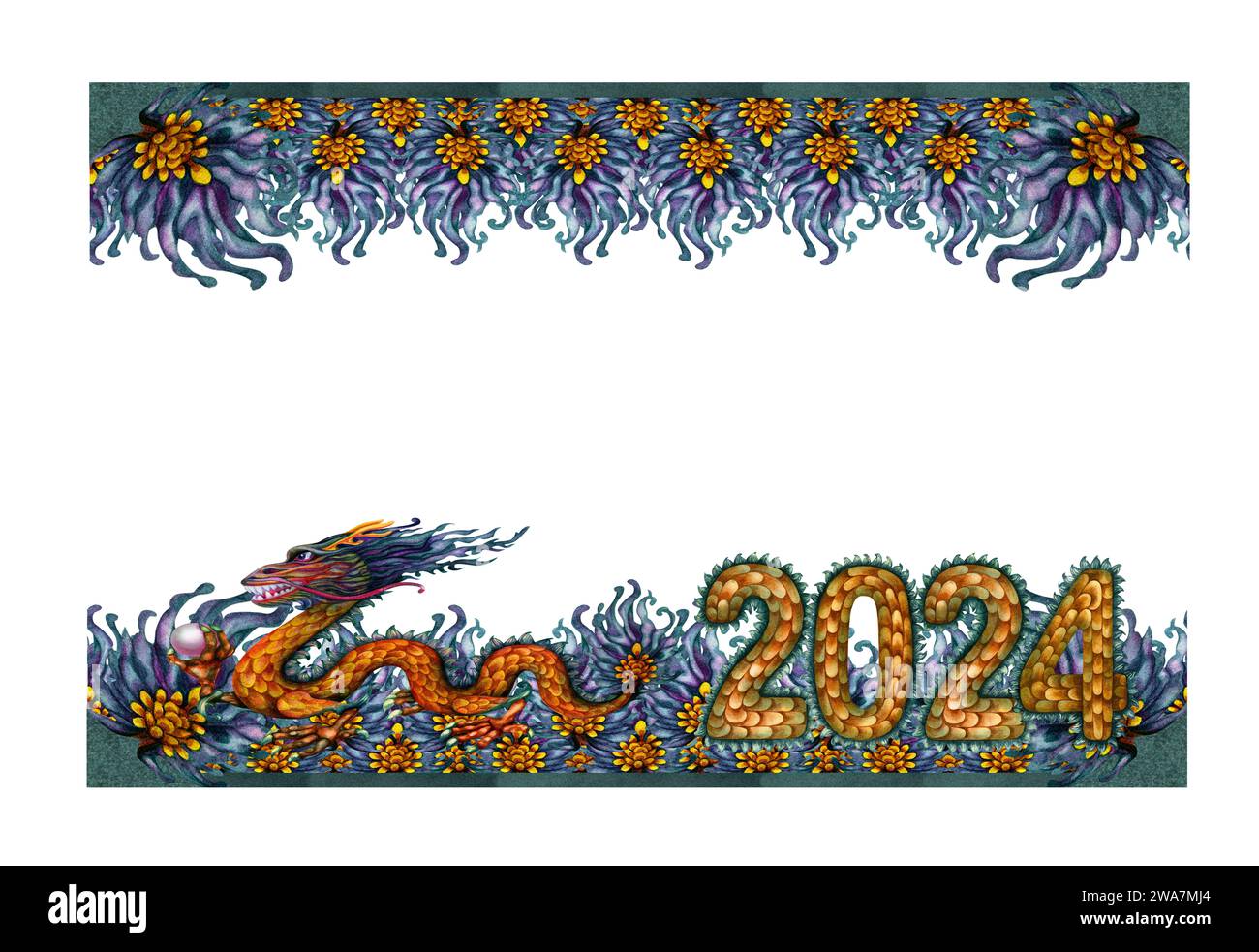 Bordi di acquerello con drago di legno verde con perla magica e numeri 2024 disegnati a mano con trama in scala di drago. Illustrazione del simbolo del Capodanno lunare Foto Stock