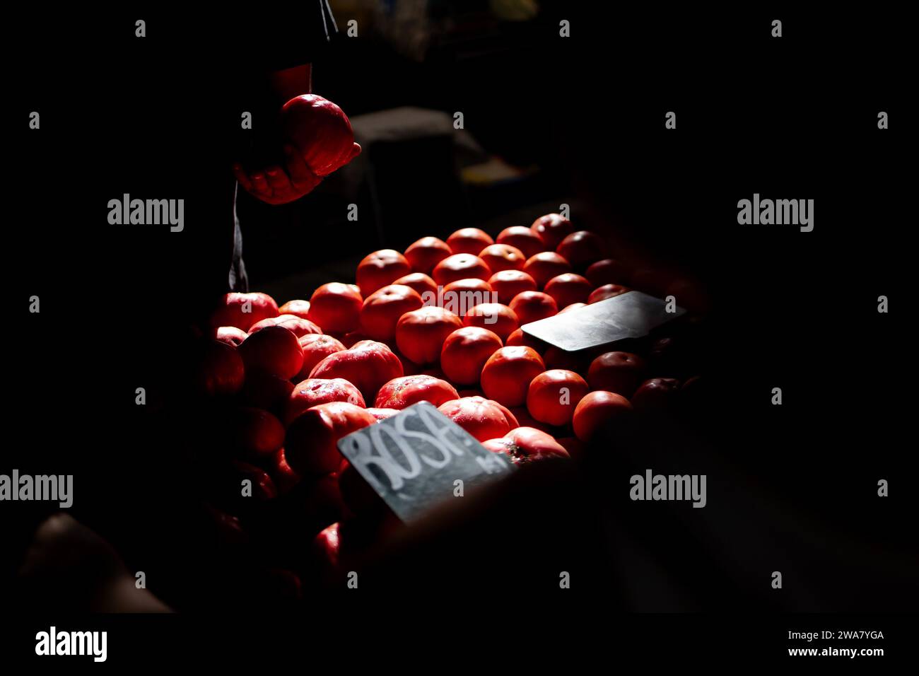 Delizie per la raccolta di pomodori: Freschezza presso il Market Stand Foto Stock