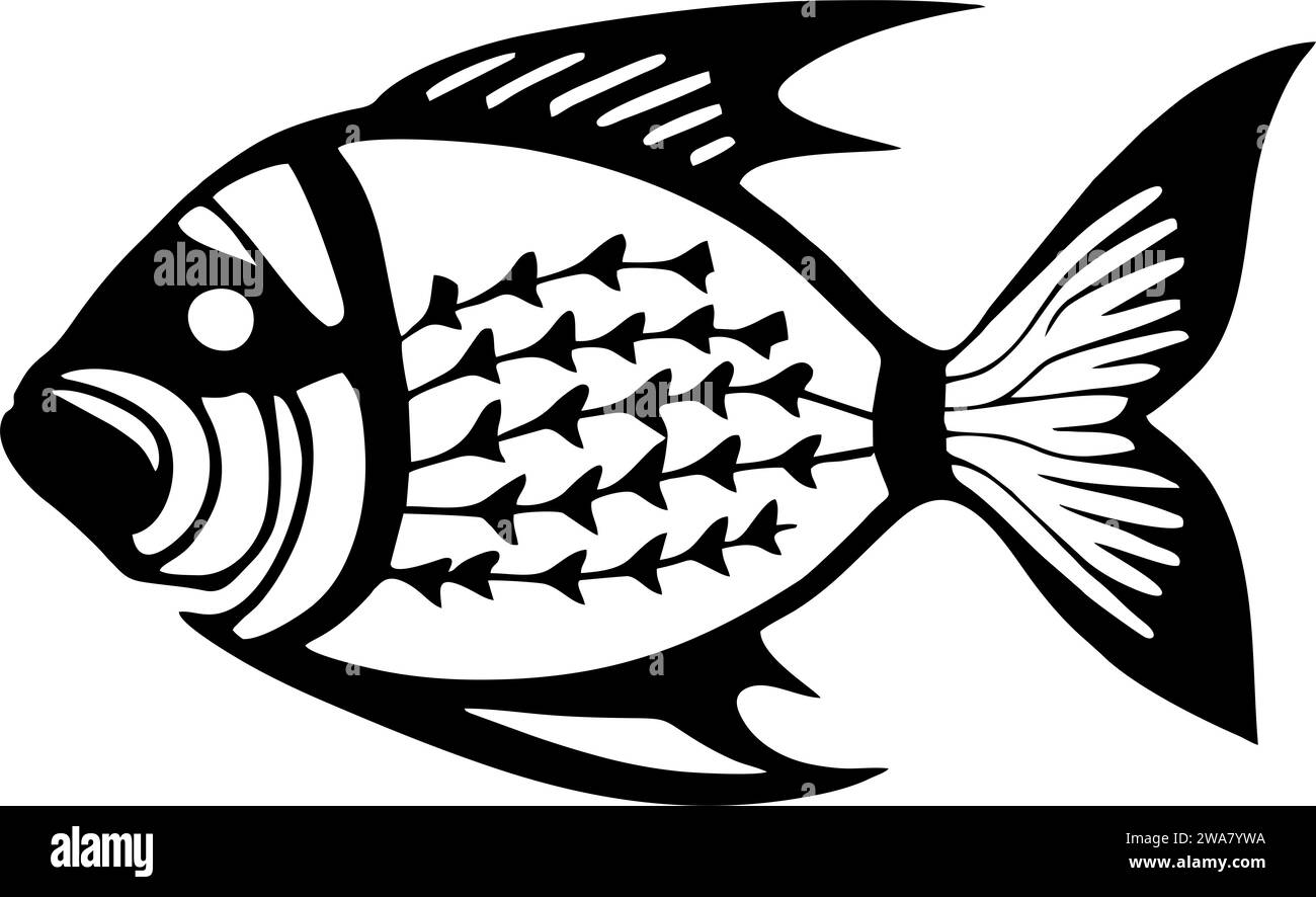 disegno grafico nero pesce stilizzato su sfondo bianco, logotipo, design Foto Stock