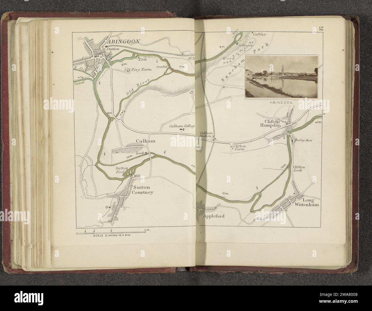 Mappa con un volto su Abingdon sul Tamigi, in o dopo 1878 - in o prima del 1879 stampa fotomeccanica. Stampare carta dell'Oxfordshire per incidere il fiume. Vista sulla città e paesaggio con costruzioni artificiali Abingdon Foto Stock