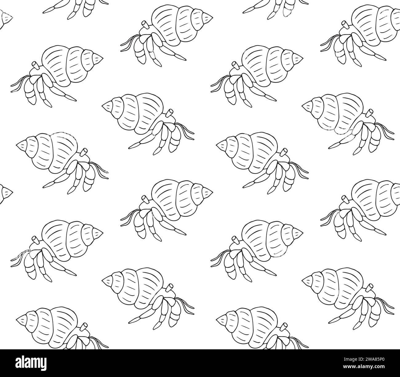 Motivo vettoriale senza cuciture di granchio eremita disegnato a mano isolato su sfondo bianco Illustrazione Vettoriale