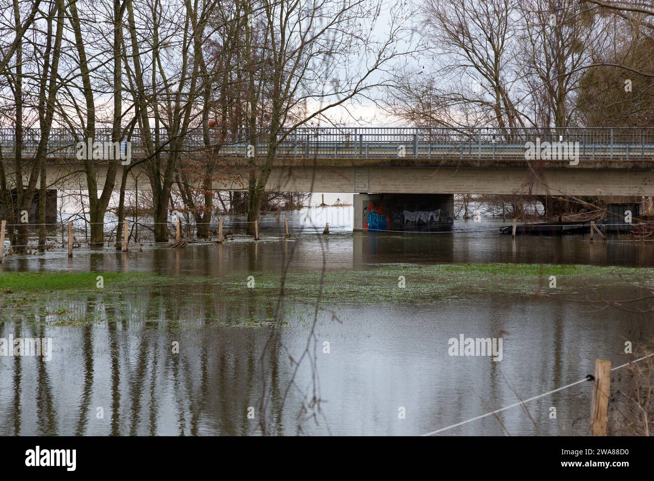 Il fiume Lippe ha fatto irruzione sulle sue sponde. L'acqua alta ha inondato un campo. Gli alberi si riflettono nell'acqua. Foto Stock