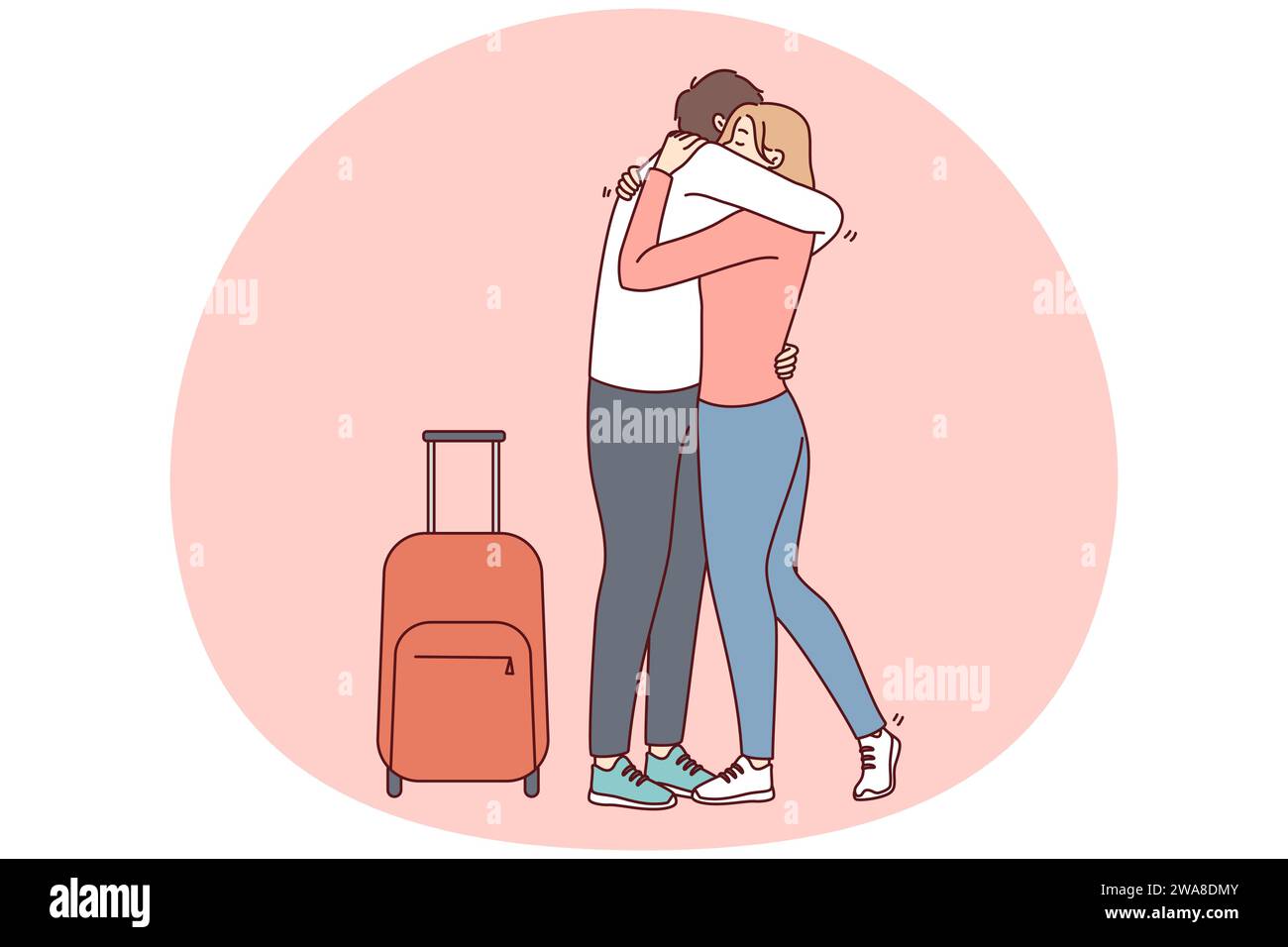 Donna che abbraccia l'uomo con valigia incontra l'amante in aeroporto. Felice coppia abbracciare riunirsi dopo la separazione. Rapporto a lunga distanza. Illustrazione vettoriale. Illustrazione Vettoriale