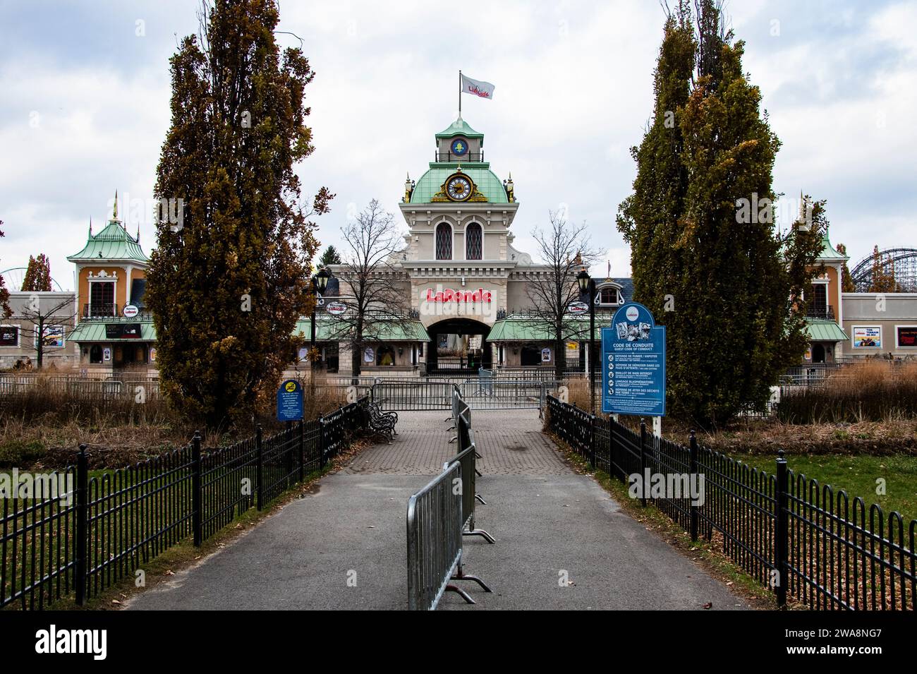 Cartello per il parco a tema la Ronde su St. Helen Island a Montreal, Quebec, Canada Foto Stock