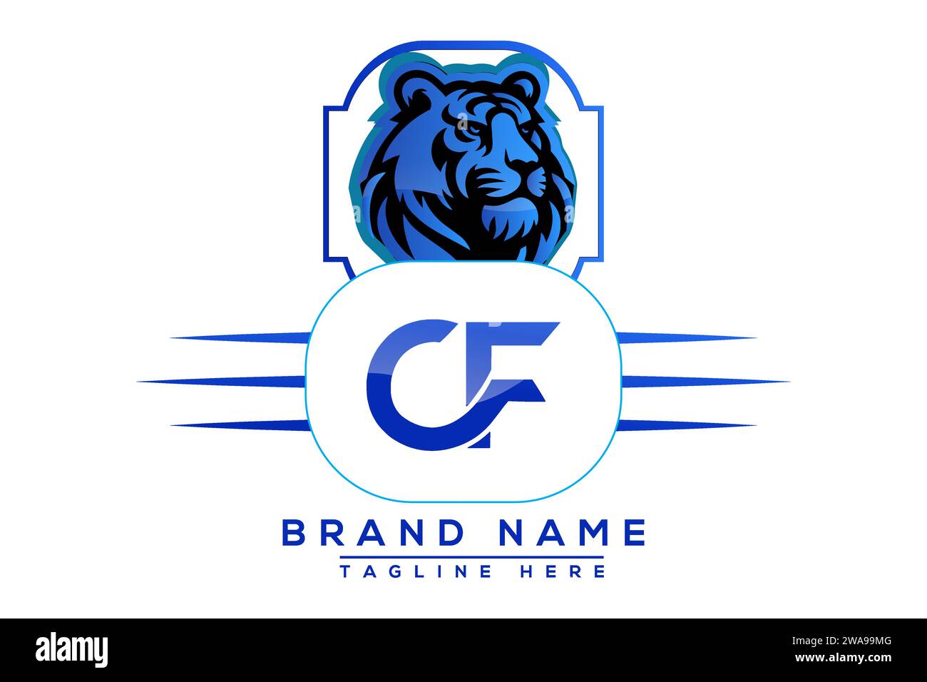 Design blu con logo CF Tiger. Logo Vector per le aziende. Illustrazione Vettoriale