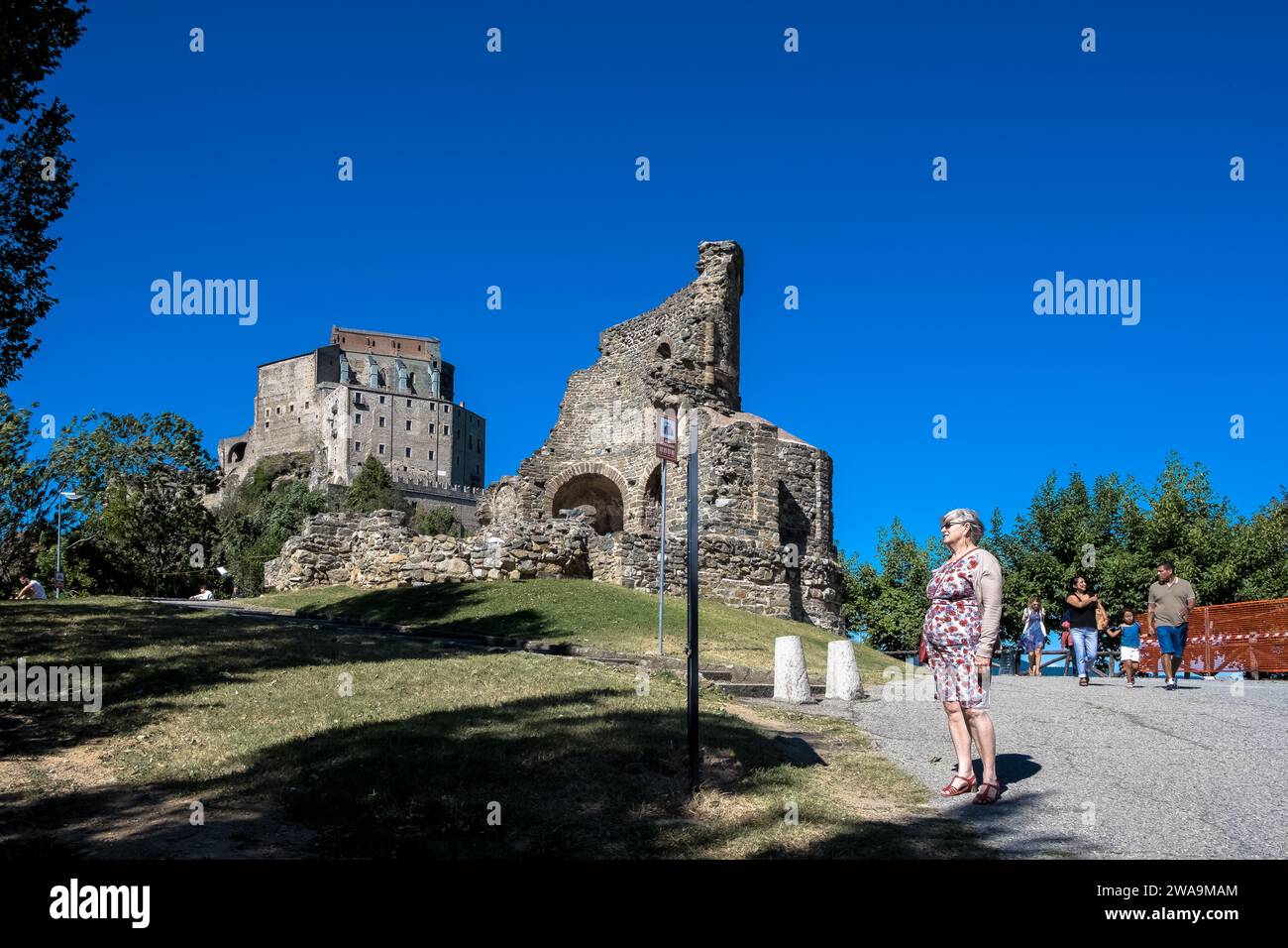 Particolare della Sacra di San Michele, complesso religioso sul Monte Pirchiriano in Val di Susa, Sant'Ambrogio di Torino, città metropolitana di Torino Foto Stock