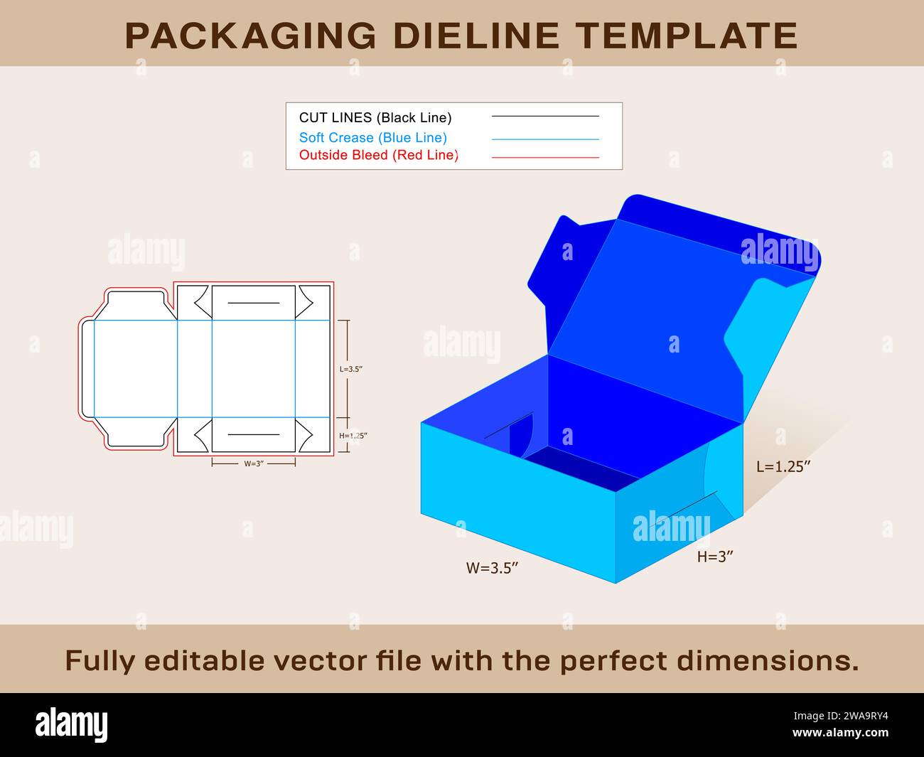Scatola classica, scatola di conservazione, scatola di spedizione, modello Dieline e file vettoriale modificabile scatola 3D. Illustrazione Vettoriale