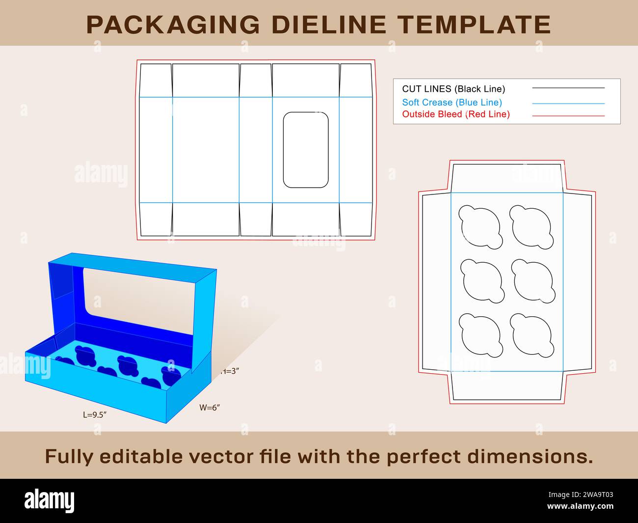 Finestra Cupcake Box visualizza 6 fori Inserisci file vettoriale modificabile modello Dieline. Illustrazione Vettoriale