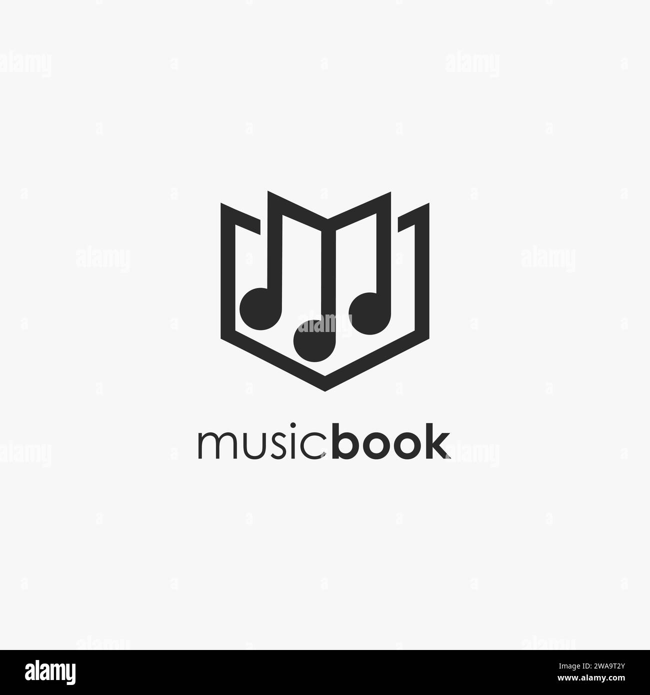 Modello vettoriale con icona del logo del libro di note musicali su sfondo bianco Illustrazione Vettoriale