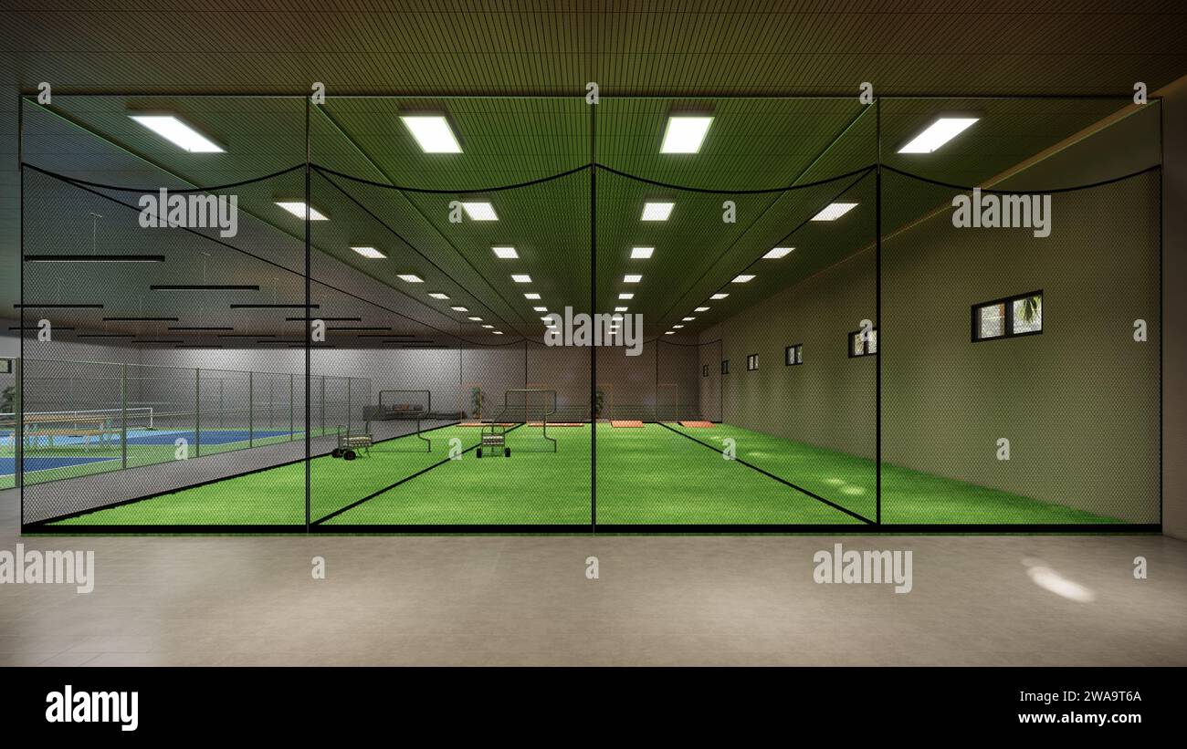 Illustrazione del rendering delle gabbie di baseball e softball al coperto Foto Stock